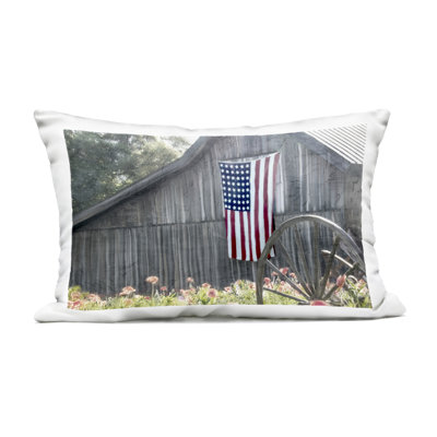 USA Wagon Wheel Barn Outdoor Printed Pillow, design by Kim Allen, 14 x 7 x 20