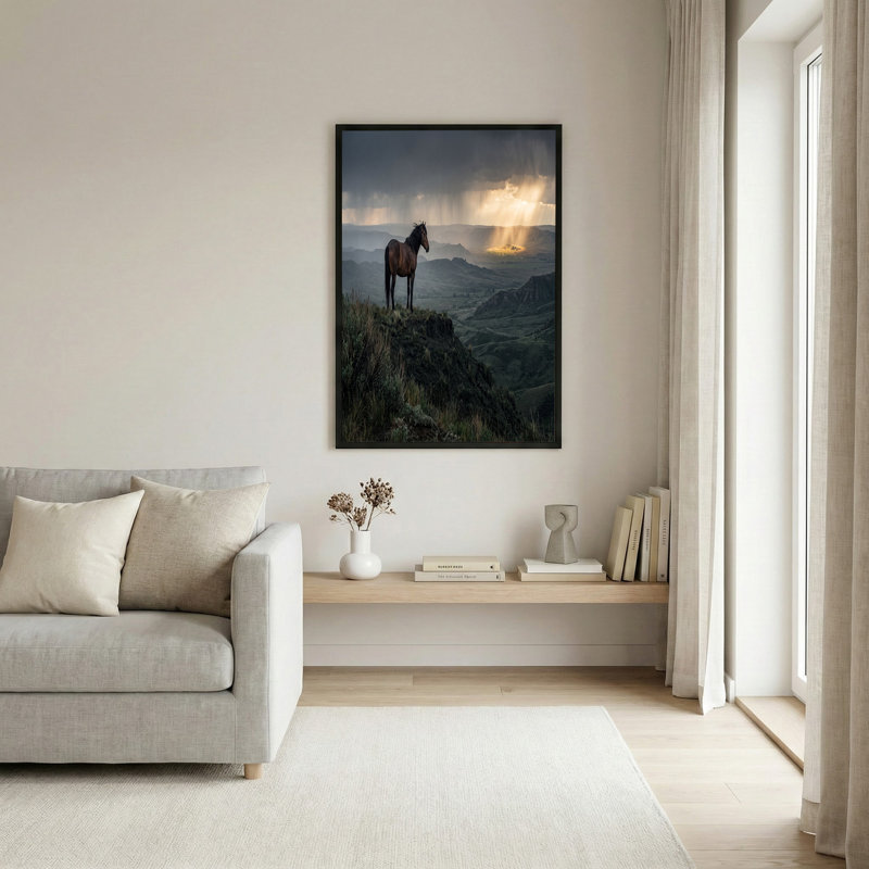 «Brown Horse on Grassy Ridge with Sunbeam Breaking Through», art mural sur toile, H 16 po x l 24 po