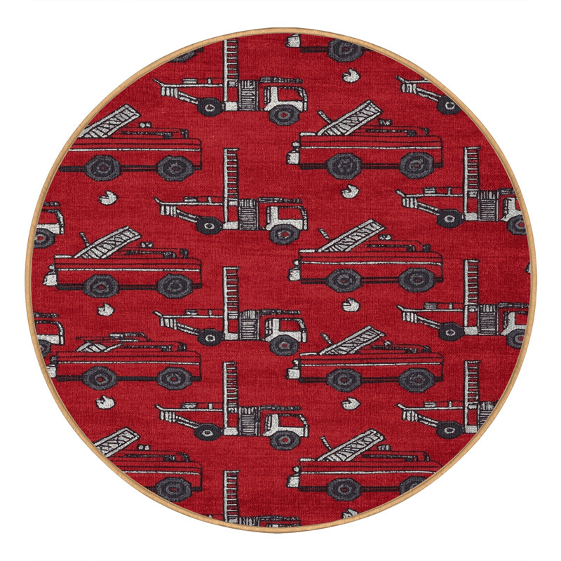 Machine Washable Transportation Red Area Rug, Round 8'