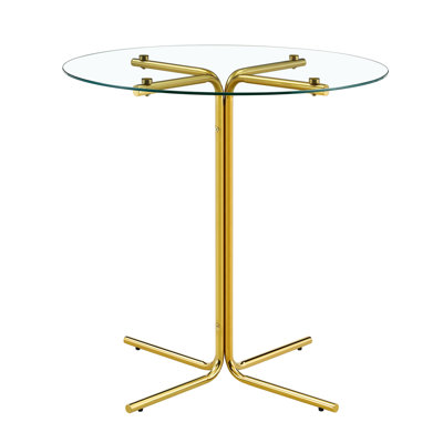 Round glass bar high table, 36 inch round bar table, tempered glass tabletop, sturdy chrome plated four column support, suitable for transparent round bar tables in small spaces, kitchens