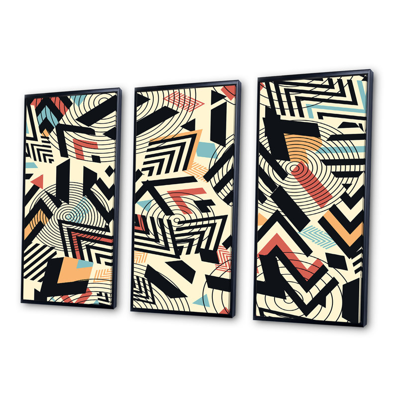 «Retro Geometrics In Blue Orange and Black», ensemble de 3 reproductions d'art encadrées sur toile, Noir, H 28 po x l 36 po