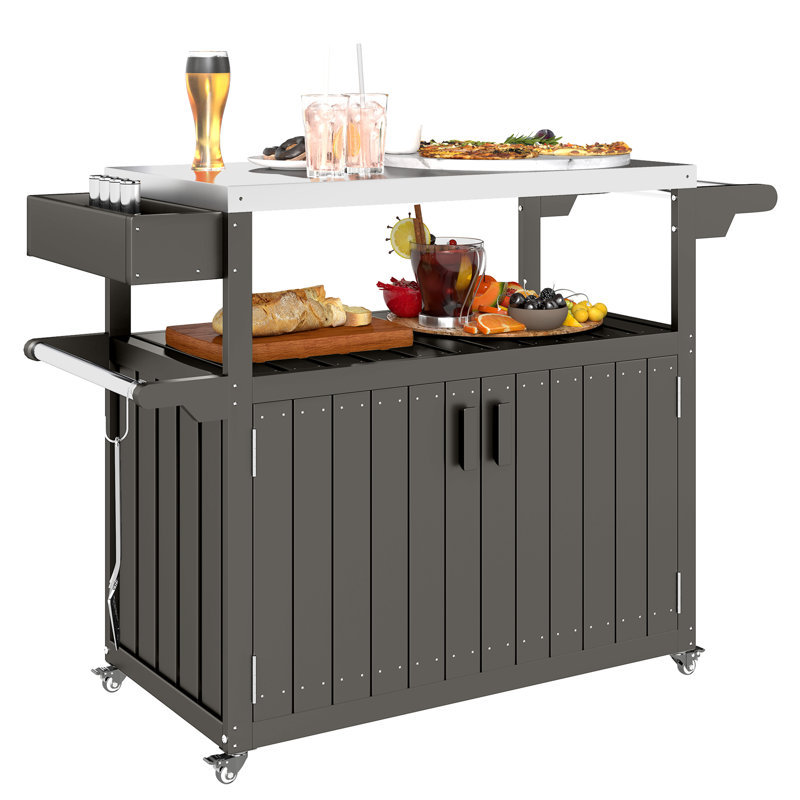 Outdoor Bar Cart, HDPE Outdoor Kitchen Cabinet Bar Table w/ Wheels,wood