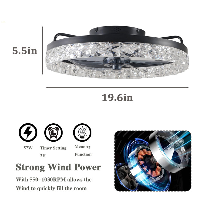 19" Black Frame Iceberg Bedroom Fan Light With Remote Control, Dimmable, 7 Blades, Reversible DC Motor, With LED Light, Black