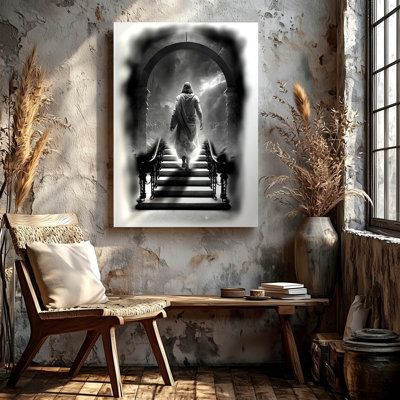 Black White Ascending Figure Staircase Archway Spiritual Canvas Print Canvas Wall Art Print, Black White Decorative Artwork For Living Room Bedroom Office, Hallway Gallery Wall Home Decor