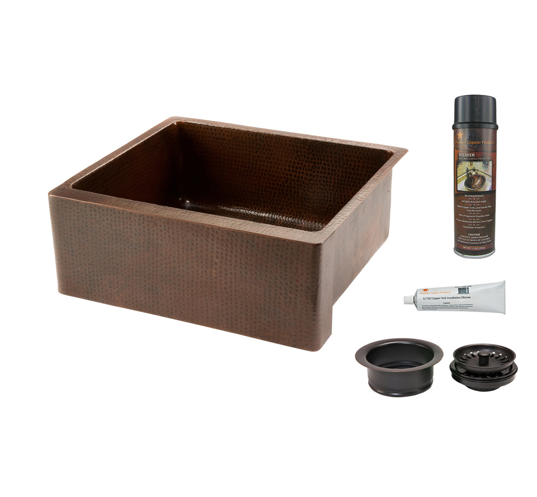 25" Hammered Copper Kitchen Apron Single Basin Sink with Matching Drain and Accessorie Premier Copper Products