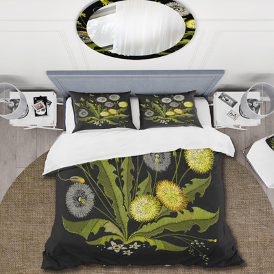 Pissenlit sur fond noir - ensemble de housse de couette traditionnel - microfibre de polyester