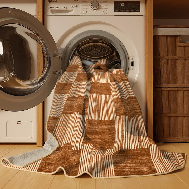 Tapis brun à carreaux lavable à la machine, Rond 7 pi
