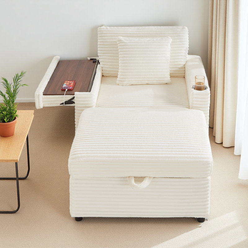 Canapé confortable moelleux en velours côtelé, espace de rangement pour une grande chaise simple, méridienne super douce avec repose-pieds et table