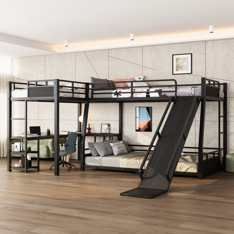 Lit superposé double en L double au-dessus de grand lit double avec lit mezzanine simple TG, bureau, tablettes de rangement et glissoire