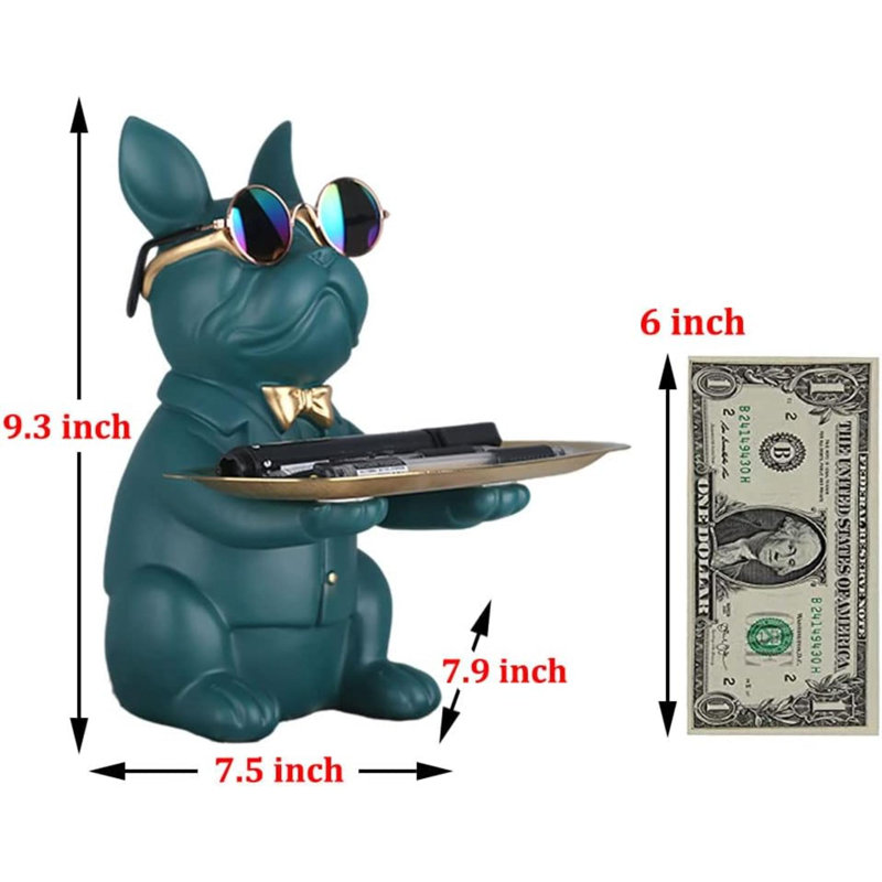 Modern Decor Resin Bulldog Tray Statue Tray Storage Key Holder Candy Jewelry Earrings Tray Suitable For Home Decor Modern Art Dining Table Decor Office Small Object Tray (Green)