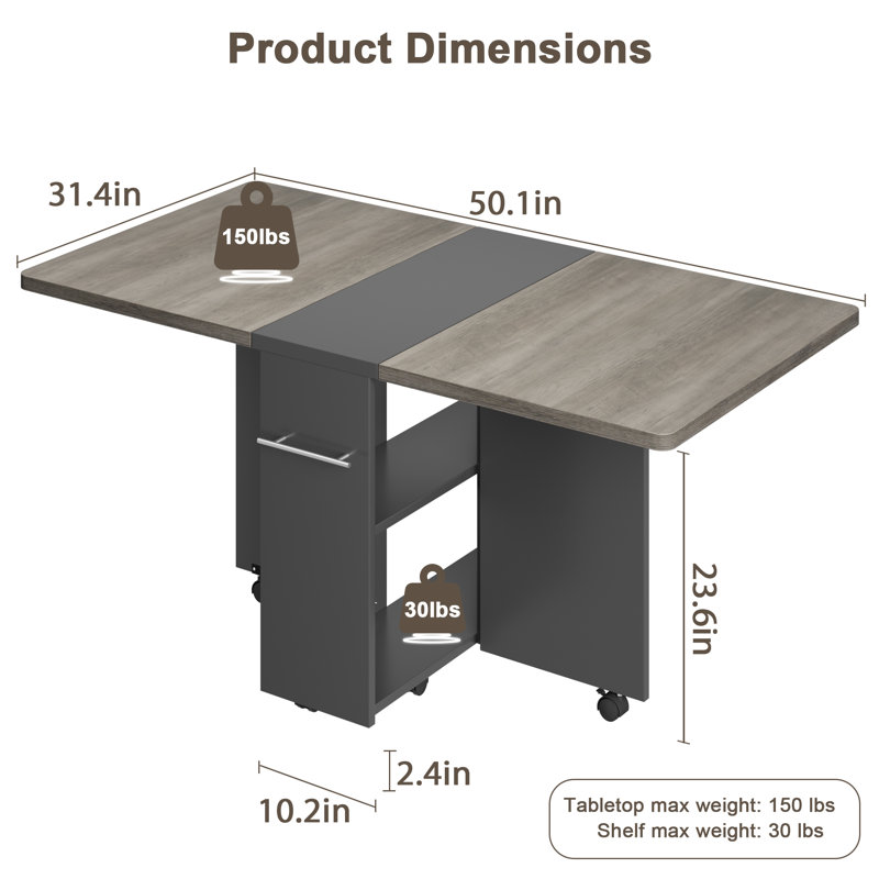 50.1'' x 31.4'' Dinning Table with Wheels, Grey/Black