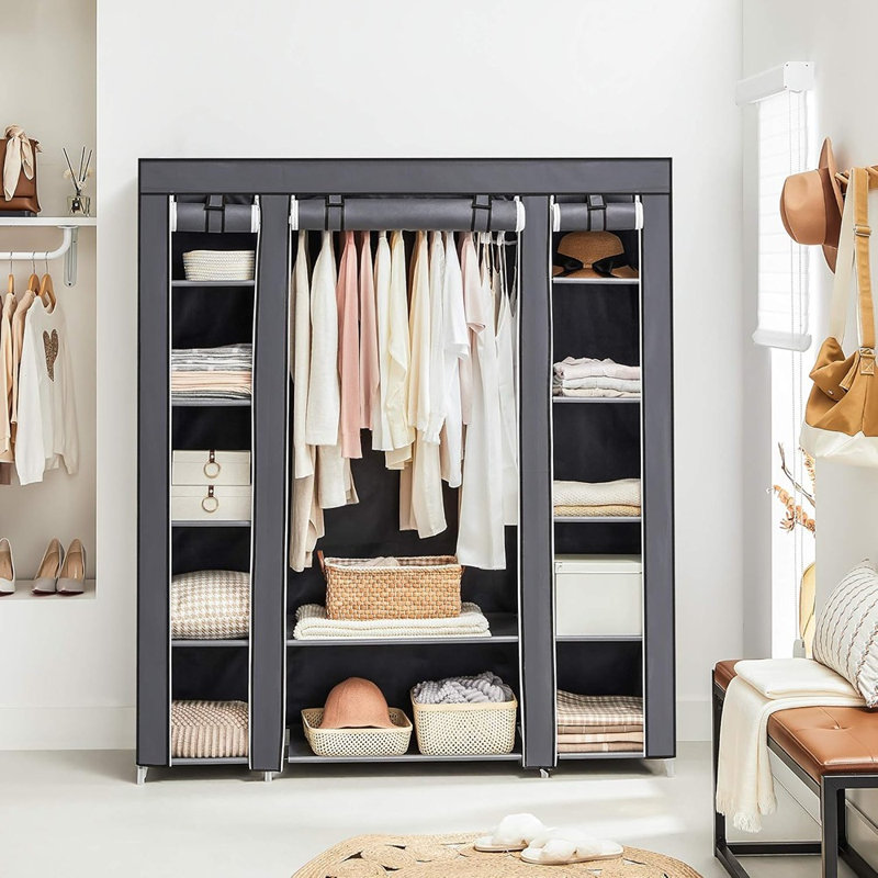 Garde-robe de garde-robe portable avec tringle à vêtements, housse en tissu non tissé et 12 compartiments pour le rangement de la chambre à coucher