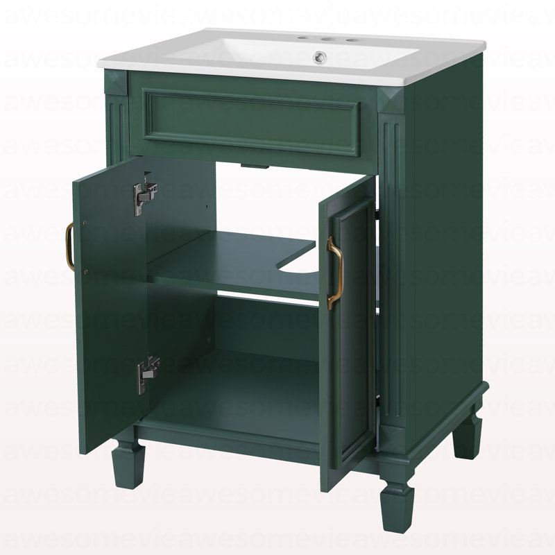 Meuble-lavabo de 24 po avec lavabo supérieur, armoire de rangement moderne avec 2 portes à fermeture douce et tablette réglable, structure en bois massif.