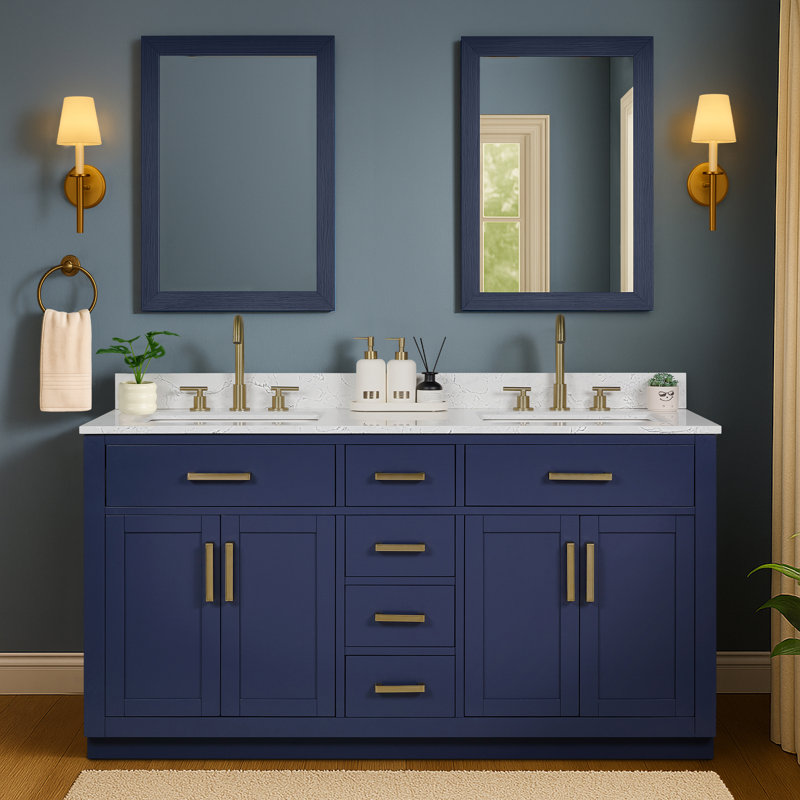 60'' Double Bathroom Vanity with Drawers, Shelf, Outlet, and Engineered Marble Top, 60'', White
