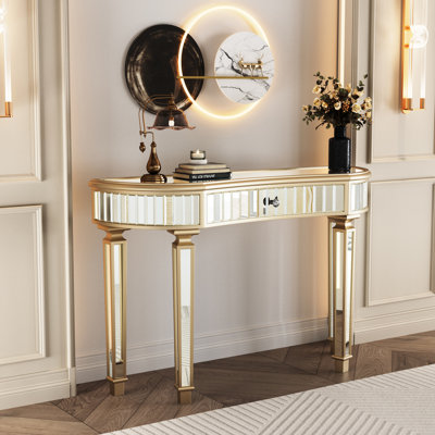 Console 47 po à miroir avec tiroir en verre cannelé et cristal, doré ou argenté, utilisé dans la chambre à coucher, le vestibule, la base en bois franc, le bouton de meuble-lavabo semi-circulaire de style argent doré