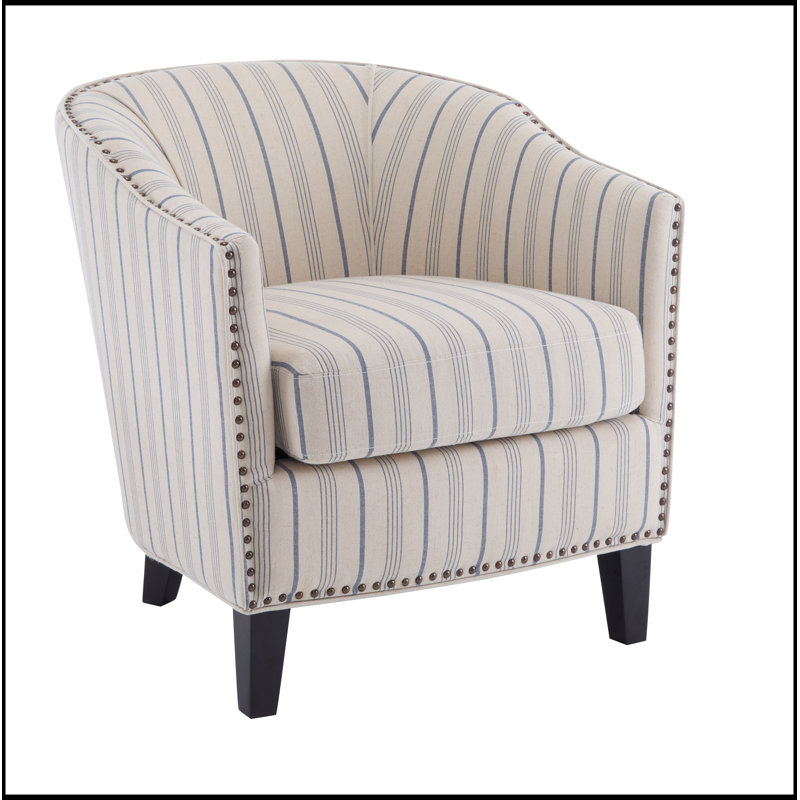 Fauteuil demi-tonneau luxueux à rayures avec coussins moelleux et détails cloutés pour un confort élégant