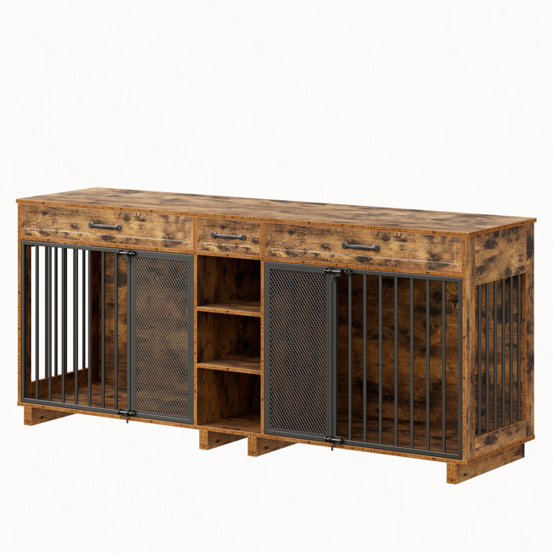 Grande cage pour chien en bois à double chenil avec tiroirs et tablettes de rangement, mobilier pour animaux multifonctionnel