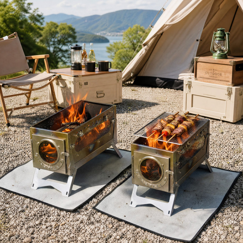 Réchaud de camping pliable en acier inoxydable, à bois, avec foyer, sac de transport et gants pour la cuisson en extérieur.