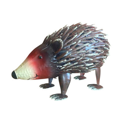 Wrought-iron hedgehog sculpture; handcrafted wrought-iron wildlife statue, suitable for garden landscaping and indoor display.