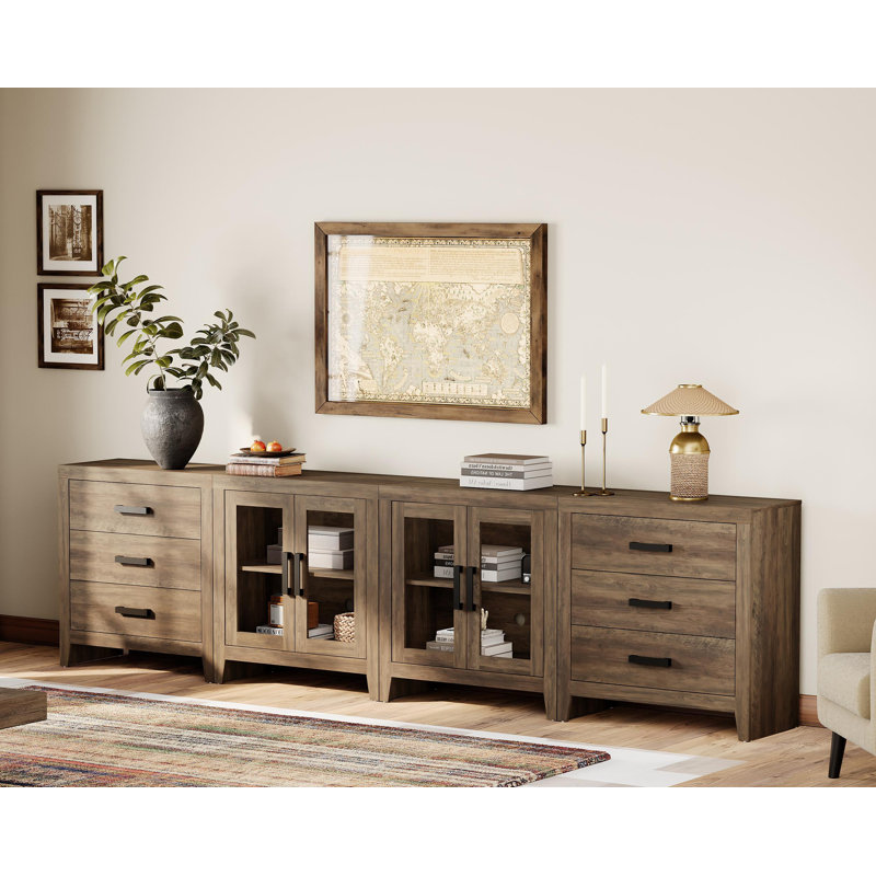 Eaton 4-Piece Modular Sideboard With Glass Doors & Drawers,Farmhouse Storage Cabinet For Living Room, Dining Room, Or Hallway, Brown