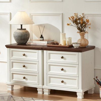 Ensemble de table de chevet Farmhouse, ensemble de 2, table de bout avec 3 tiroirs et 4 pieds carrés en bois massif, table de chevet rustique avec rangement, petite commode pour chambre à coucher, salon, blanc