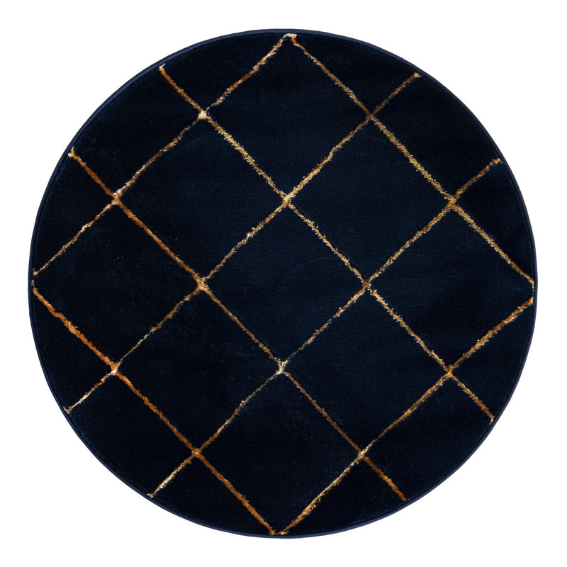 Latitude Run® Checks Nikica Rug Navy Blue and Gold, Round 3'1"
