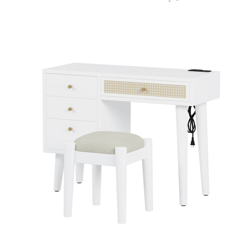 Ensemble de coiffeuse classique en rotin avec 4 tiroirs, ports USB et tabouret confortable pour une utilisation élégante et pratique