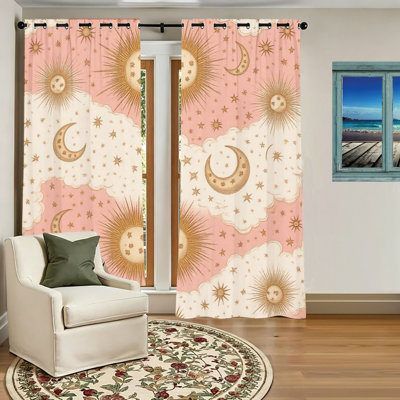 2Pcs céleste soleil lune étoiles rideaux occultants, rideaux de fenêtre bohème de nuages pour le salon de la chambre à coucher, décor de chambre de bébé, maison bohémienne