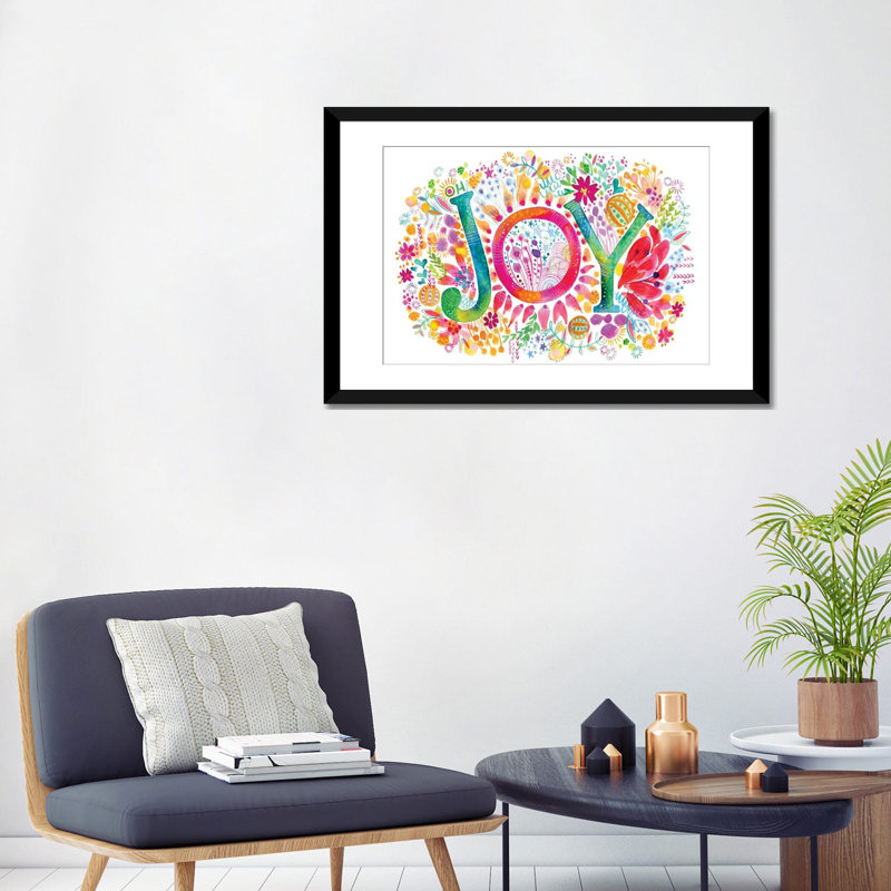 « oh joy », impression sur toile tendue, Papier avec cadre noir, Blanc, H 24 po x l 32 po x P 1 po