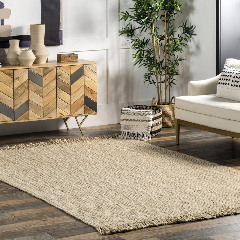 Tapis beige en jute tissé à plat à la main Kazunori, Rectangle 6 pi x 9 pi