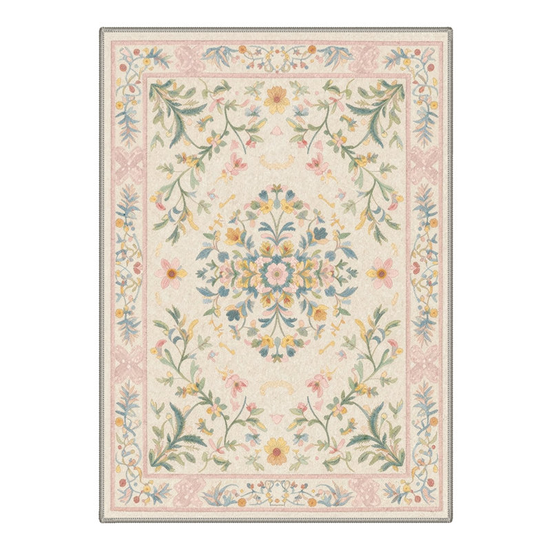 Tapis vintage à motifs floraux botaniques, lavable à la machine, vert ivoire, rose poudré, antidérapant, pour salon ou chambre.