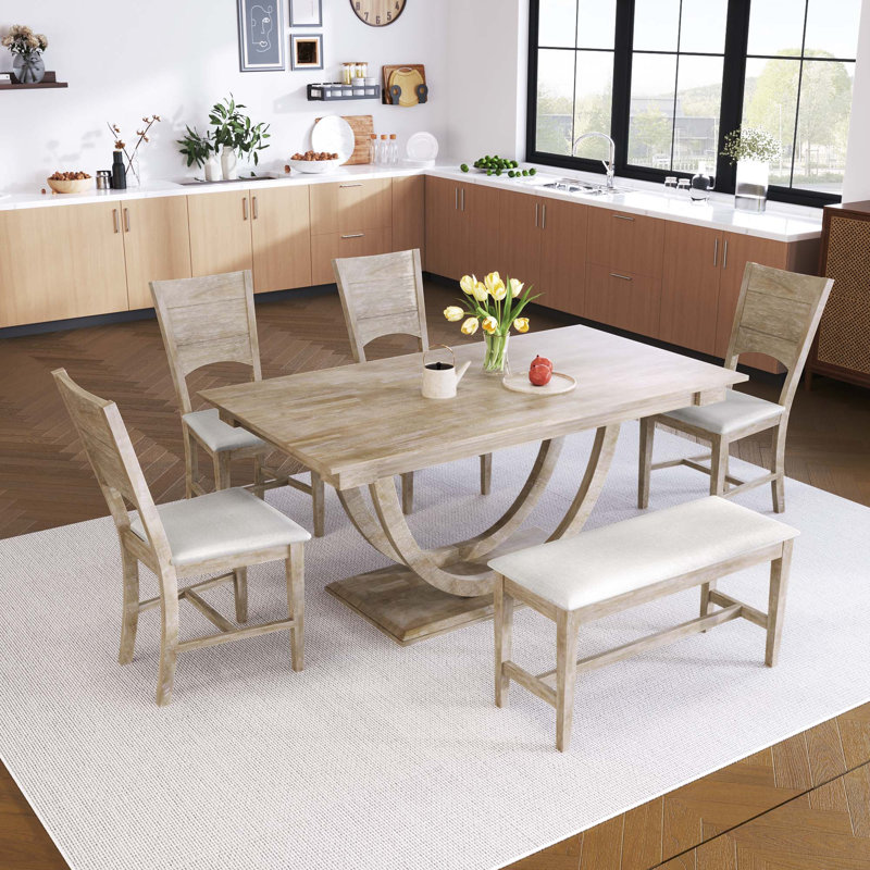 Ensemble de 6 tables de salle à manger en bois 6 pièces avec banc long et 4 chaises, style moderne, Naturel