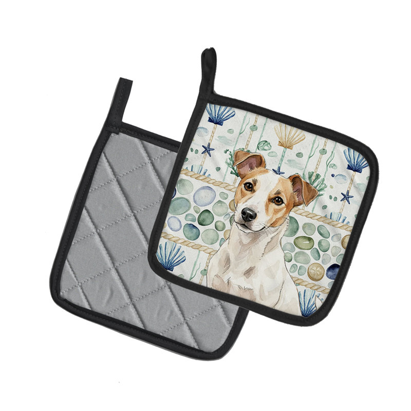 Paire de poignées en verre blanc et beige Jack Russell Terrier