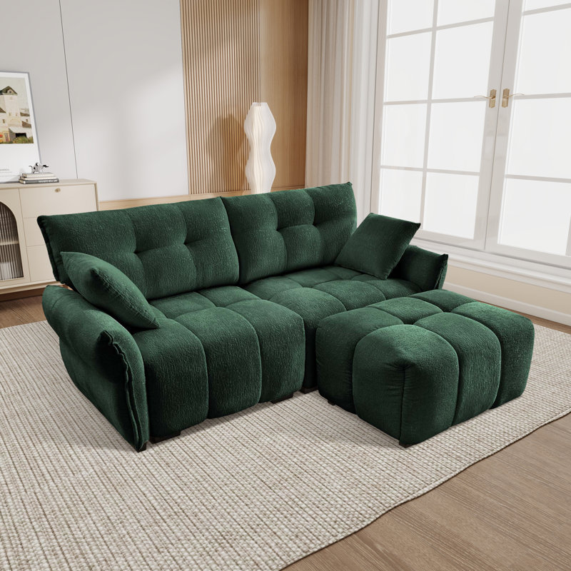 Chenille Upholstered 2-Seater Sectional Sofa With Ottoman, Green Chenille
