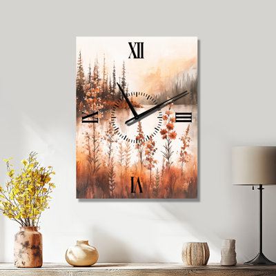 Horloge murale florale en métal « Horizon du lac I » avec fleurs sauvages d'été rouges et brunes
