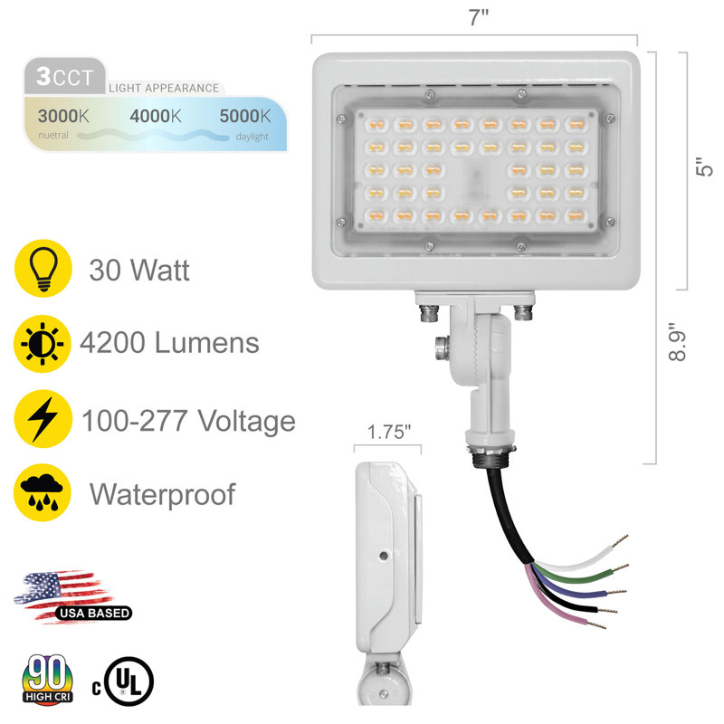 LED Flood Light 30W 4200 Lumens Outdoor Adjustable Knuckle Mount Security Light  3CCT, Satin