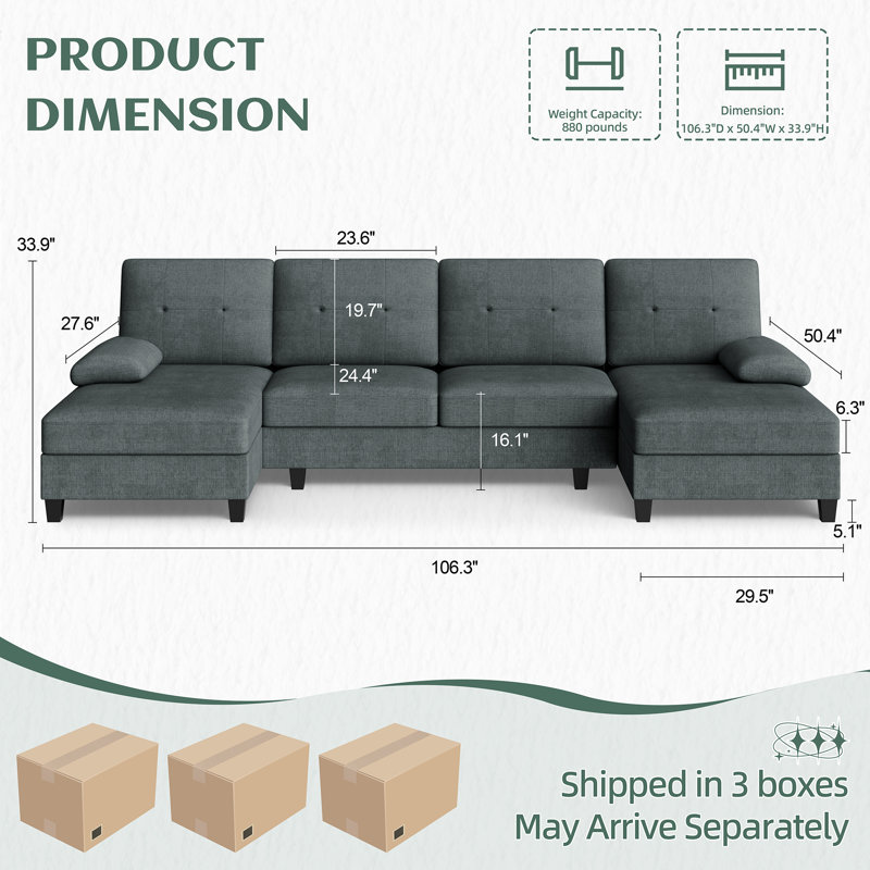 3-Piece Upholstered Sectional for Living Room, Dark Gray