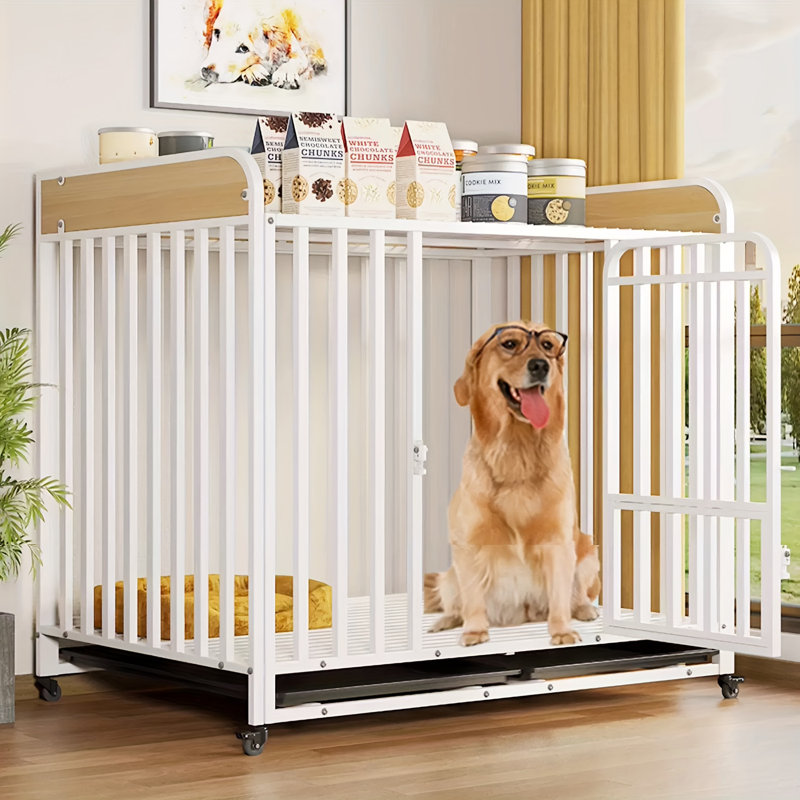 Table de bout en métal pour caisse de chien - Conception peu encombrante, moderne, avec roues verrouillables et fabrication durable pour une utilisation intérieure / extérieure
