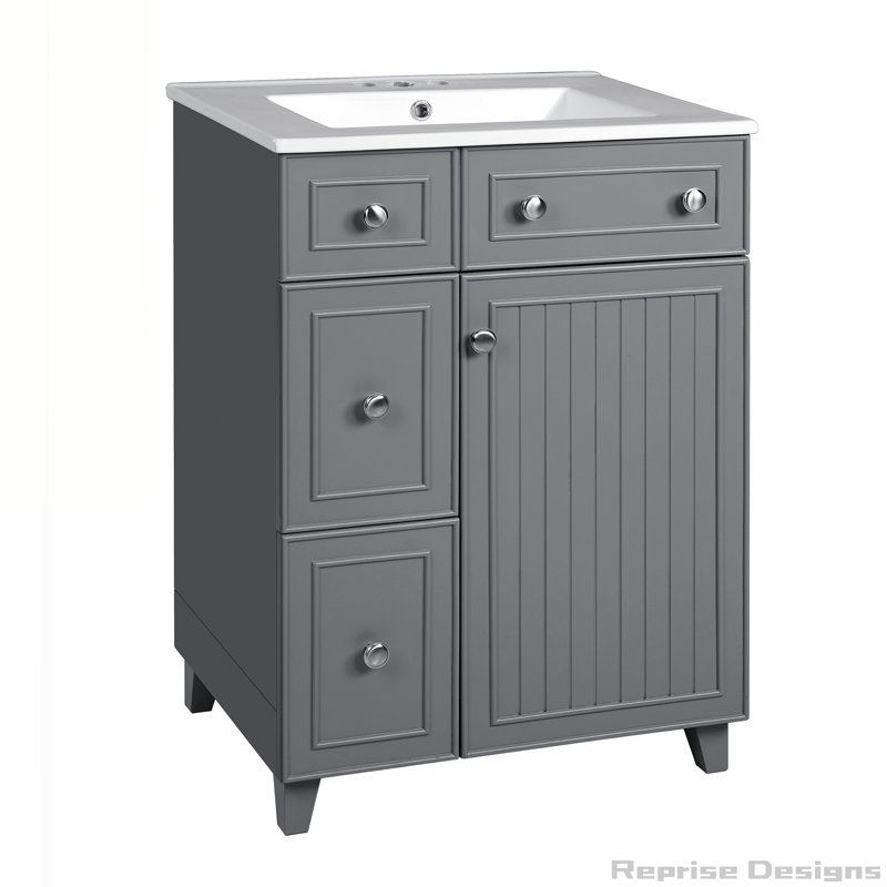 Armoire de meuble-lavabo 24 po avec lavabo en céramique 24 po, 2 tiroirs, Gris