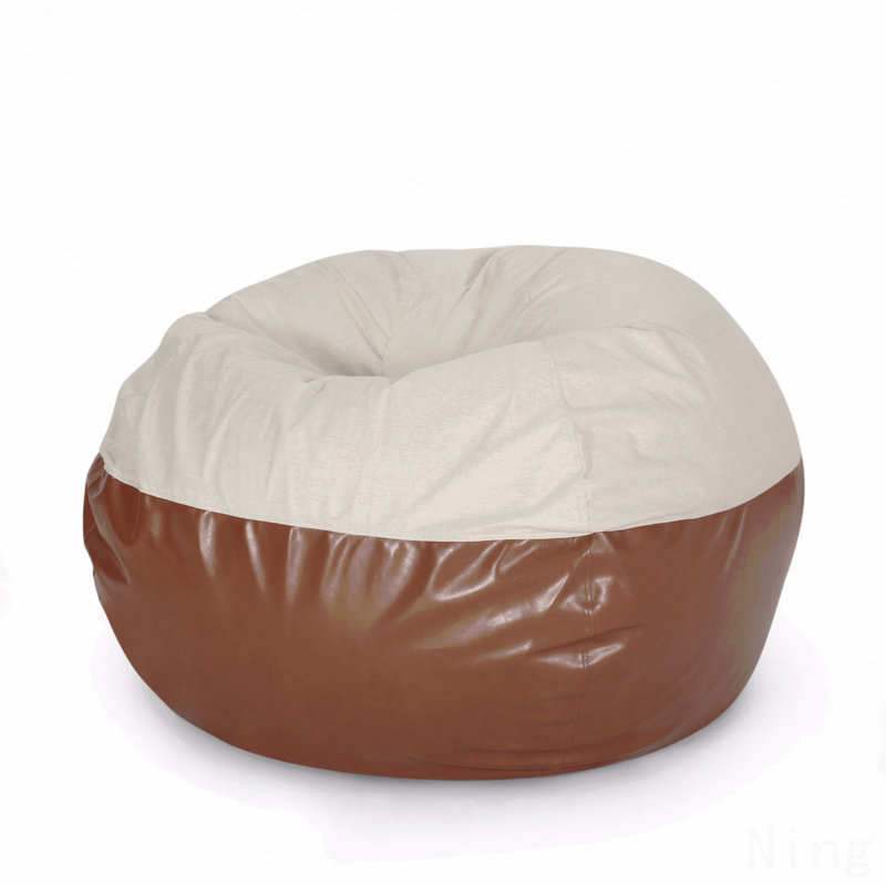 5 Foot Two Color Fabric And Faux Leather Rounded Bean Bag, Beige And Coffee Brown, Brown/Beige Faux Leather