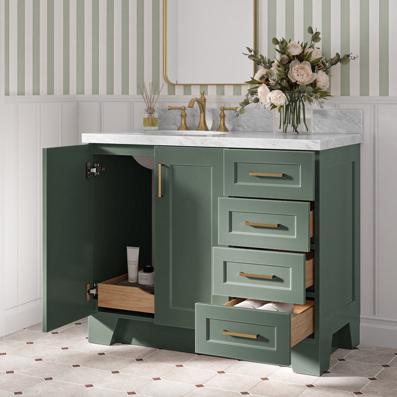 Meuble-lavabo simple en bois massif 43 po Freitas blanc avec plateau en marbre de Carrare 1,5 po, évier gauche, lavabo ovale