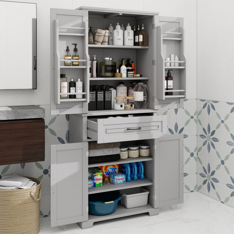 Armoire de rangement pour salle de bain avec portes et tiroir, plusieurs espaces de rangement, tablette réglable, gris, Gris