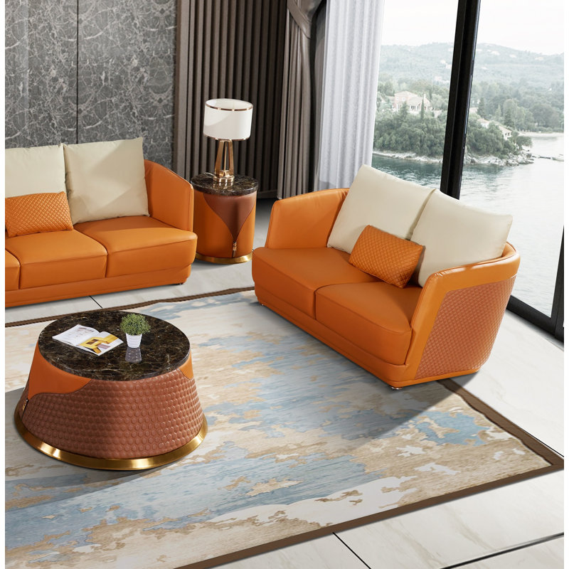 Glamour Loveseat, Orange/Brown Genuine Leather