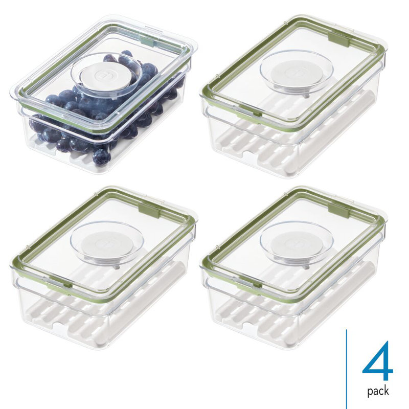 iDesign Medium Fridge Produce Bin with Removable Drainage Tray and Lid -  Set of 4 - Clear