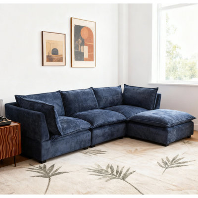Modern Sectional Sofa,L-Shape Linen Fabric Corner Couch Set with Convertible Ottoman for Living Room, Apartment, Office,Blue by Ebern Designs