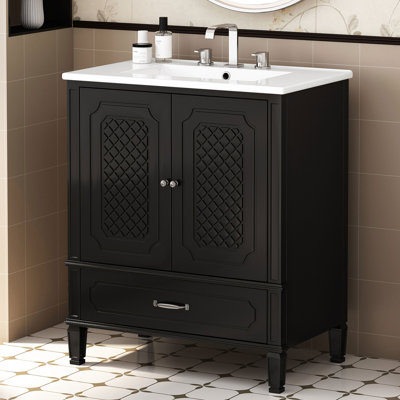 Meuble-lavabo de 30 po avec lavabo, style rétro, porte à fermeture en douceur noire, armoire de rangement, tablette réglable, tiroir fonctionnel, structure en bois de céramique, panneaux, rangement multiple et autoportant