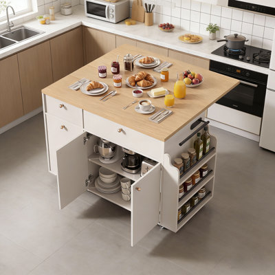 Chariot pour îlot de cuisine 48,8 po avec plateau rabattable en faux marbre noir, étagère à épices et rangement caché