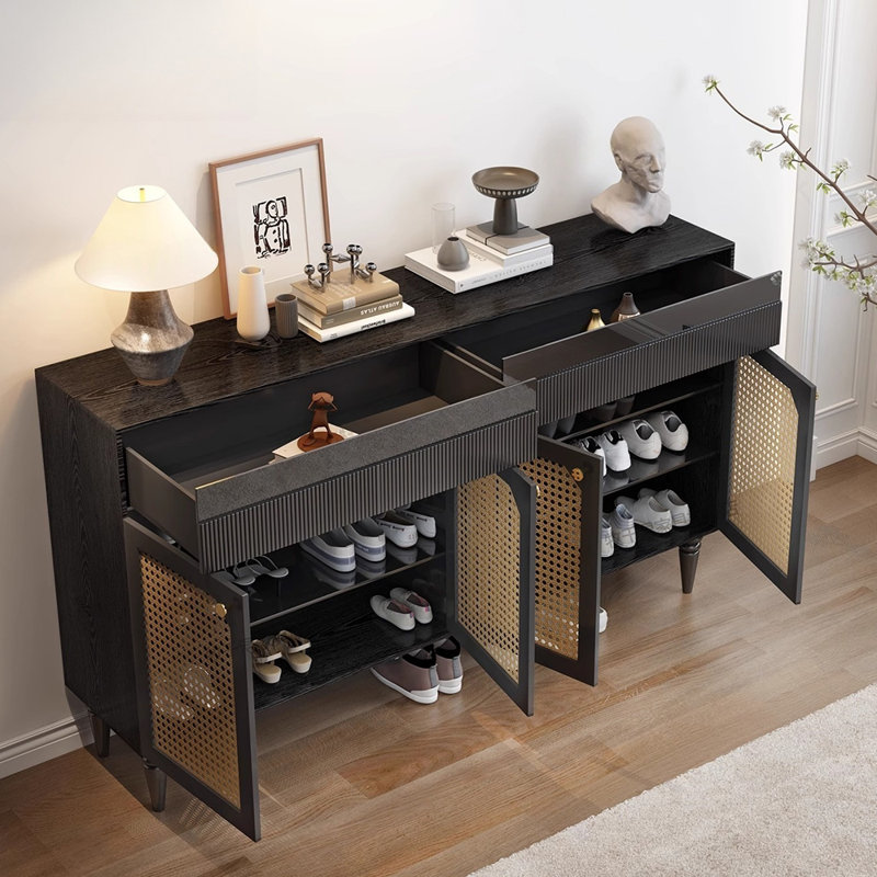 Armoire de rangement à chaussures avec portes en rotin rétro français