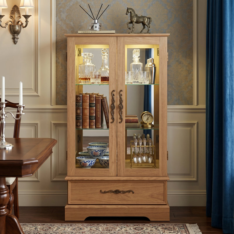 Vitrine lumineuse vitrée à 2 portes avec tablettes réglables, tiroir intégré et ampoule incluse, Chêne clair