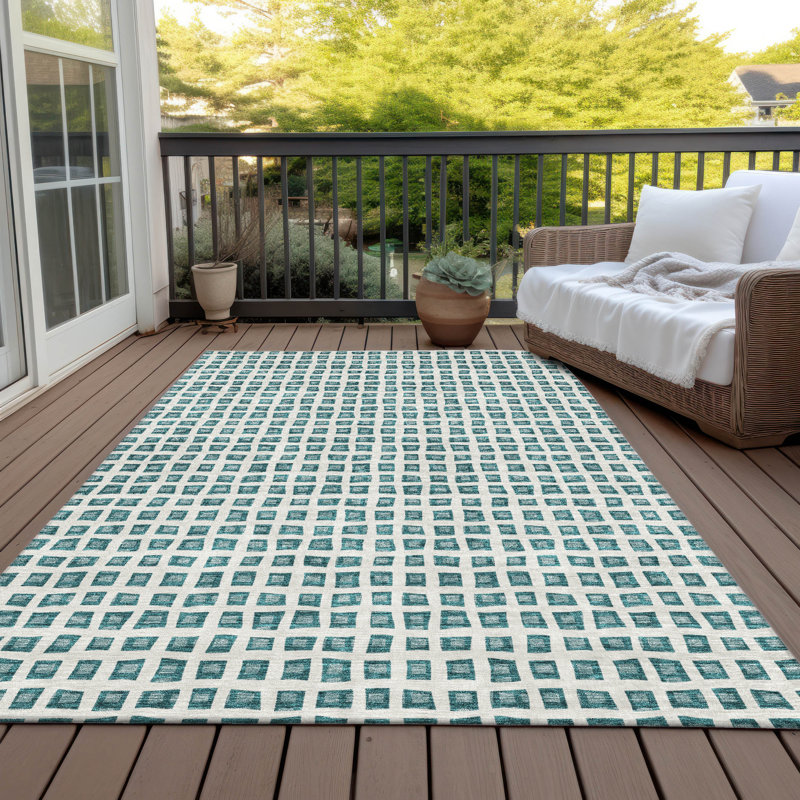Tapis géométrique intérieur / extérieur lavable à la machine ACN727, Sarcelle, 8' x 10'
